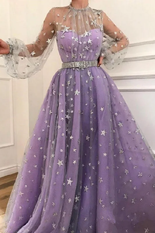 High Neck Long Sleeves Grey Star Lace Light Purple Fancy Prom Dresses Formal Evening Dress High Neck Long Sleeves Grey Star Lace Light Purple Fancy Prom Dresses Formal Evening Dress