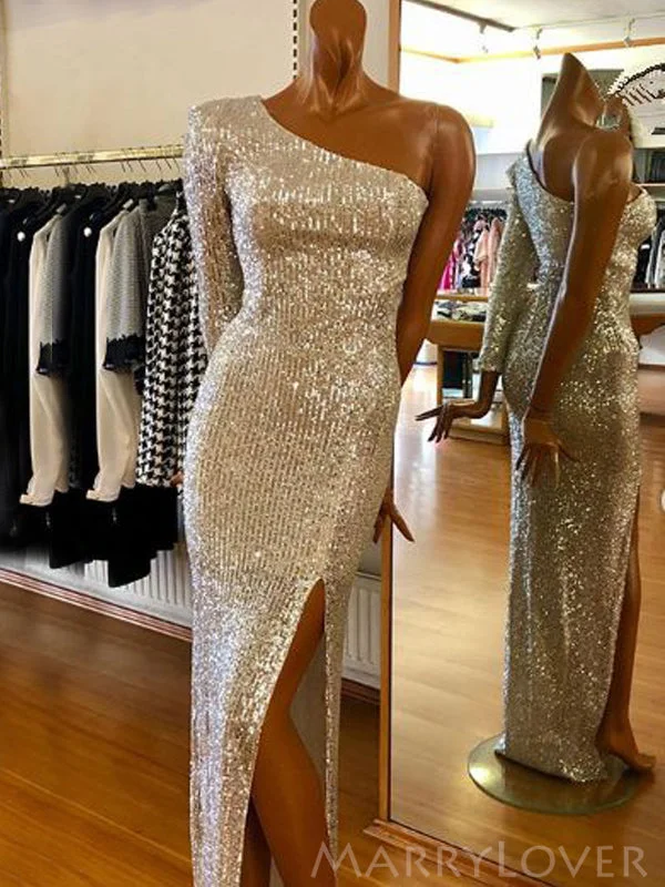 Long Sleeves One Shoulder Silver Sequin Mermaid Long Evening Prom Dresses, Cheap Custom Prom Dresses, MR8118 Long Sleeves One Shoulder Silver Sequin Mermaid Long Evening Prom Dresses, Cheap Custom Prom Dresses, MR8118