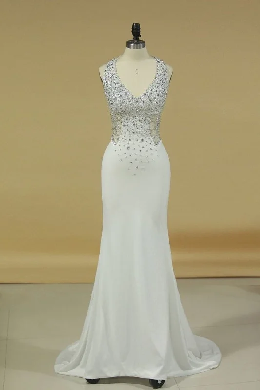 2024 Sheath Halter Beaded Bodice Prom Dresses Spandex PQDPGHLP
