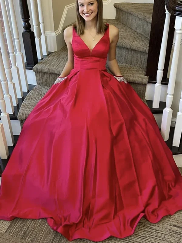 A Line V Neck Red Satin Long Prom Dresses With Pockets, V Neck Red Satin Long Formal Evening Dresses A Line V Neck Red Satin Long Prom Dresses With Pockets, V Neck Red Satin Long Formal Evening Dresses