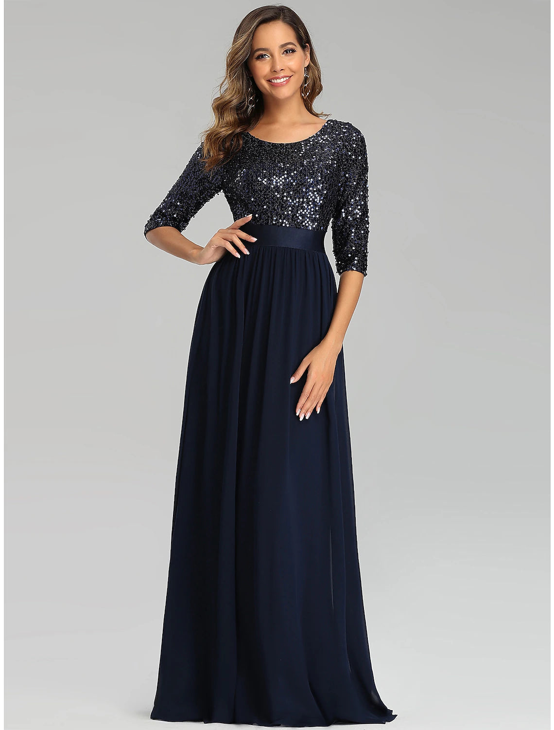 A-Line Elegant Wedding Guest Formal Evening Dress Jewel Neck 3/4 Length Sleeve Floor Length Tulle with Sequin A-Line Elegant Wedding Guest Formal Evening Dress Jewel Neck 3/4 Length Sleeve Floor Length Tulle with Sequin