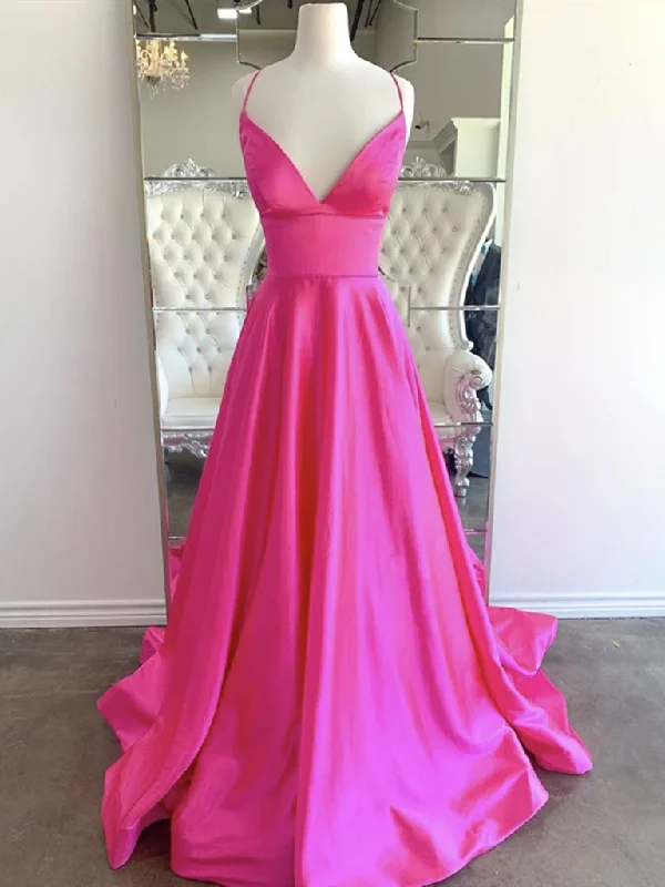 A Line V Neck Hot Pink Backless Long Prom Dresses, V Neck Hot Pink Long Formal Evening Graduation Dresses A Line V Neck Hot Pink Backless Long Prom Dresses, V Neck Hot Pink Long Formal Evening Graduation Dresses