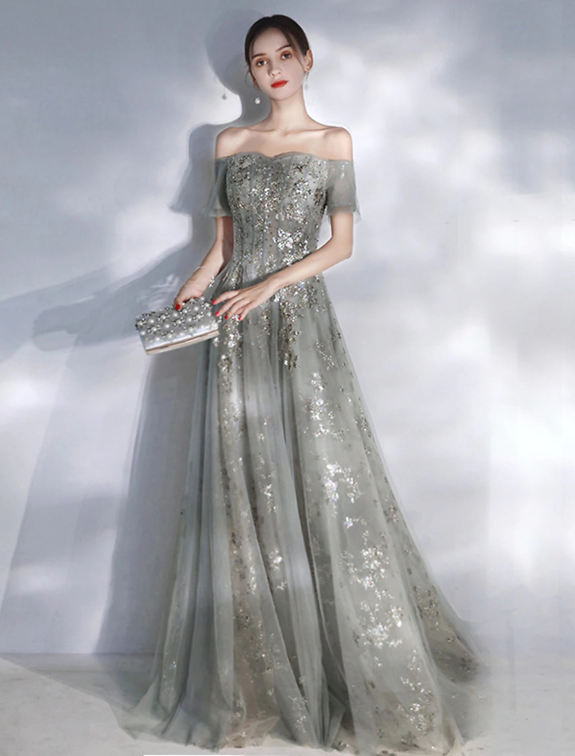 A-Line Evening Gown Glittering Dress Engagement Floor Length Short Sleeve Off Shoulder Spandex with Sequin Appliques A-Line Evening Gown Glittering Dress Engagement Floor Length Short Sleeve Off Shoulder Spandex with Sequin Appliques