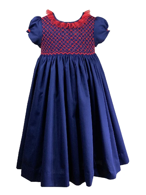 Red Bows Christmas Navy Smocked Dress