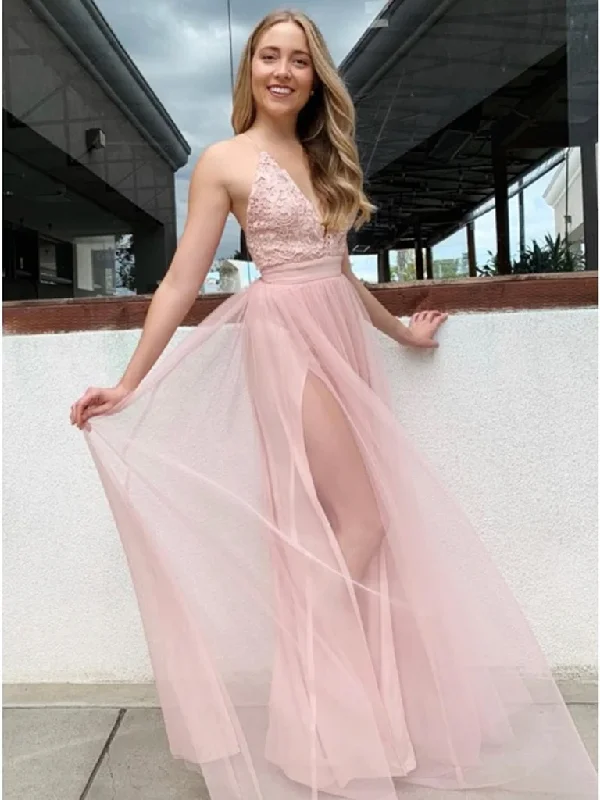 Elegant A Line Deep V Neck Pink Lace Long Prom Dresses with High Slit, Pink Lace Formal Evening Graduation Dresses Elegant A Line Deep V Neck Pink Lace Long Prom Dresses with High Slit, Pink Lace Formal Evening Graduation Dresses