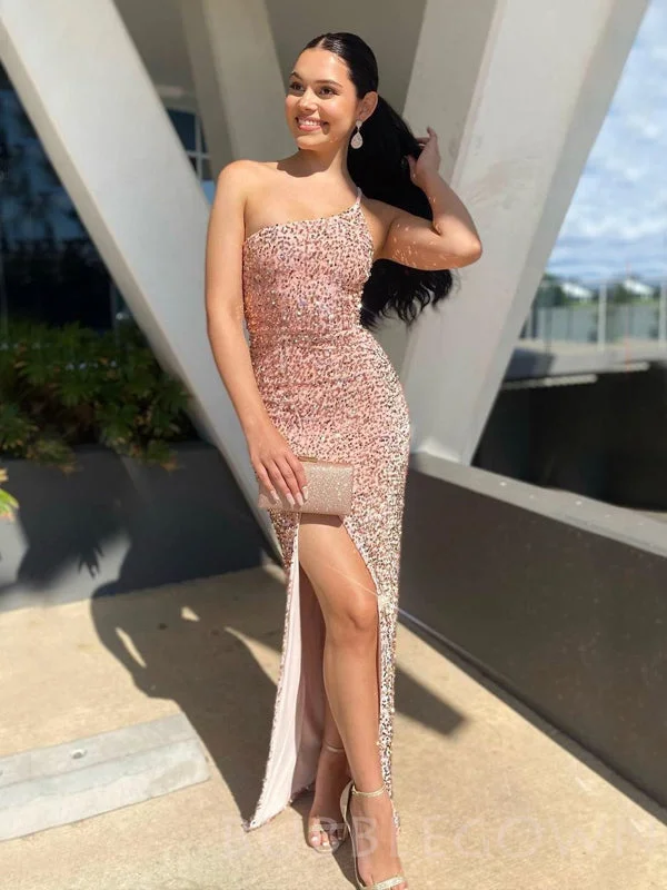 One Shoulder Pink Sequin Long Mermaid Evening Prom Dresses, Cheap Custom Prom Dresses, MR8007 One Shoulder Pink Sequin Long Mermaid Evening Prom Dresses, Cheap Custom Prom Dresses, MR8007
