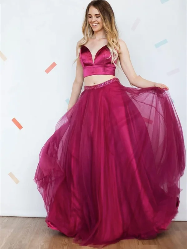 Mei Red V Neck Two Pieces Tulle Long Prom Dresses, 2 Pieces Mei Red Tulle Long Formal Evening Dresses Mei Red V Neck Two Pieces Tulle Long Prom Dresses, 2 Pieces Mei Red Tulle Long Formal Evening Dresses