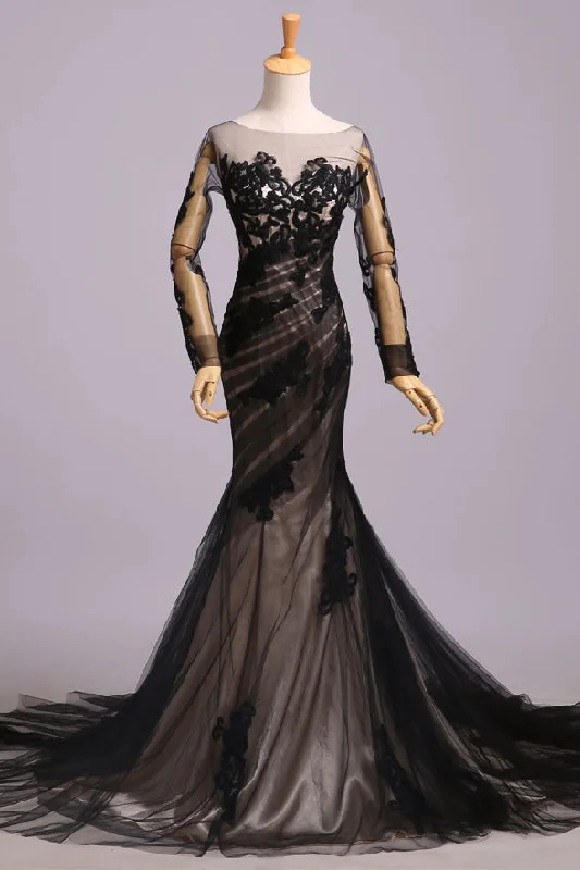 Black Lace Appliques Long Sleeves Mermaid Backless Chic Prom Dresses Evening Dress Gowns Black Lace Appliques Long Sleeves Mermaid Backless Chic Prom Dresses Evening Dress Gowns
