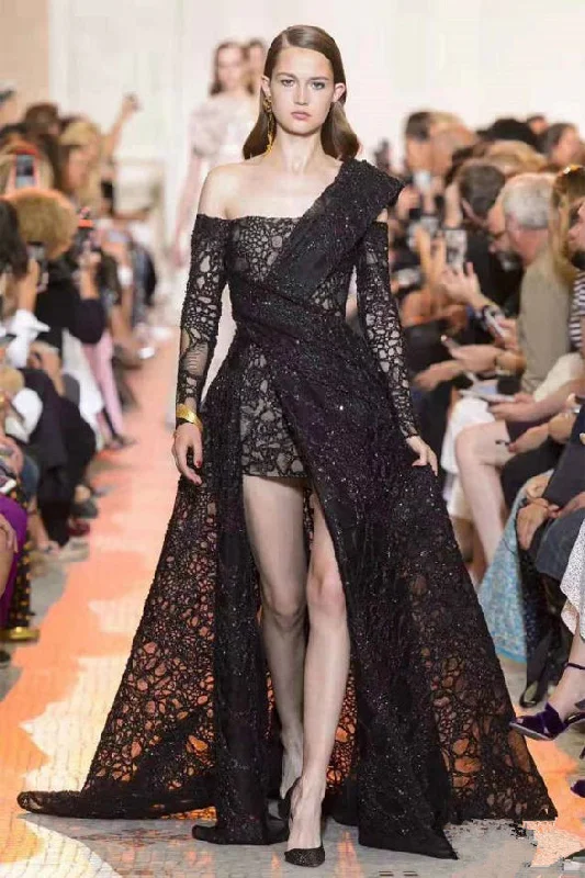 Sexy Long Sleeves Black Lace Off the Shoulder Prom Dresses Evening Dress