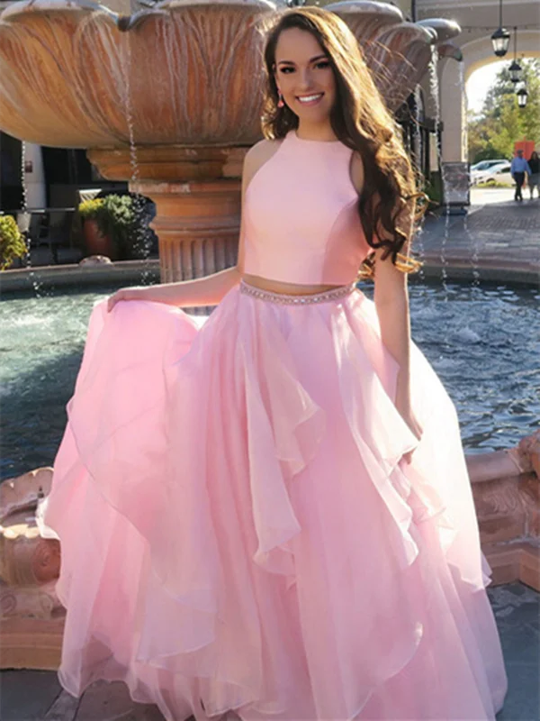 Elegant halter pink tulle two pieces ruffles Long Prom Dresses, 2 Pieces r pink tulle Long Formal Evening Dresses Elegant halter pink tulle two pieces ruffles Long Prom Dresses, 2 Pieces r pink tulle Long Formal Evening Dresses