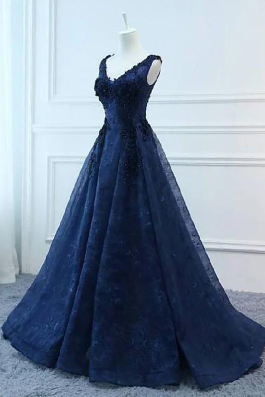 Fashion Navy Blue Lace V Neck Ball Gown Long Wedding Prom Dresses Evening Formal Dress Fashion Navy Blue Lace V Neck Ball Gown Long Wedding Prom Dresses Evening Formal Dress