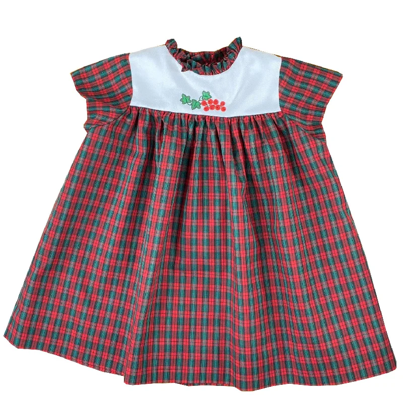 Red & Green Tartan Plaid Ivy Dress with Holly Embroideries