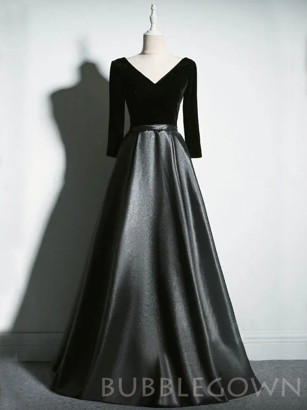 Long Sleeves Black Satin/Velvet V-ncek Long Evening Prom Dresses, Cheap Custom Prom Dress, MR8042 Long Sleeves Black Satin/Velvet V-ncek Long Evening Prom Dresses, Cheap Custom Prom Dress, MR8042
