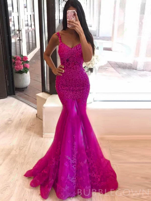 Mermaid Fuchsia Tulle Appliques Spaghetti Straps Long lace Evening Prom Dresses, MR8122 Mermaid Fuchsia Tulle Appliques Spaghetti Straps Long lace Evening Prom Dresses, MR8122