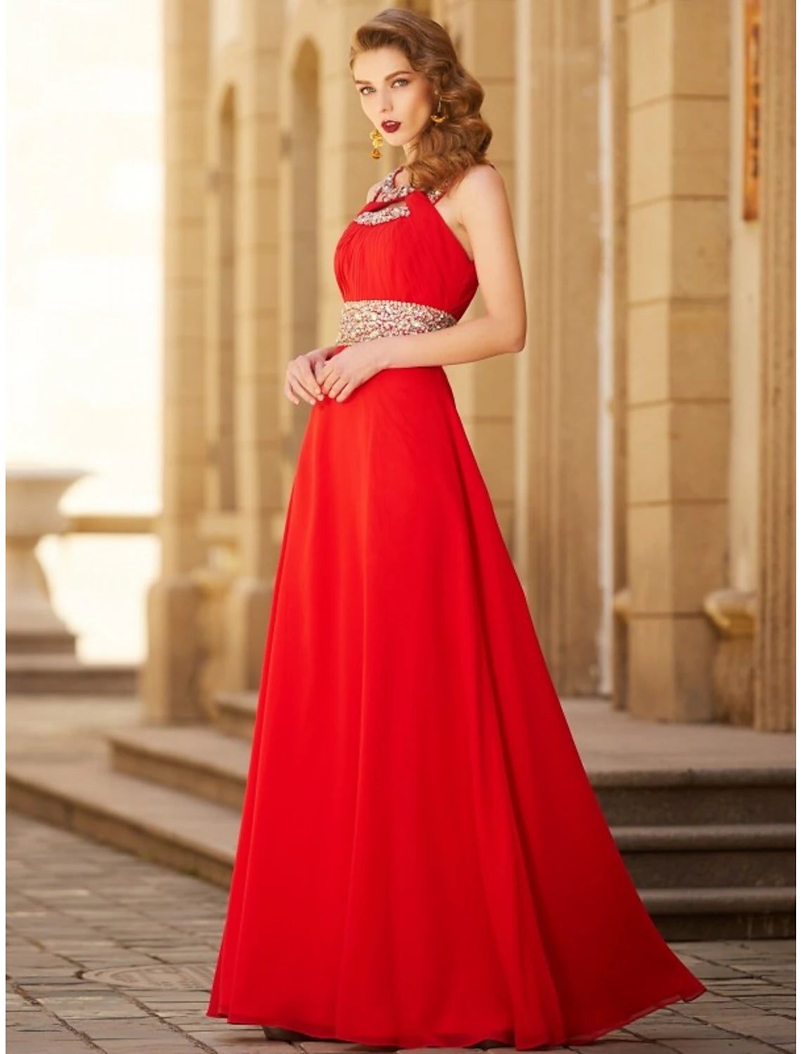 A-Line Evening Gown Sparkle & Shine Dress Party Wear Wedding Party Floor Length Sleeveless Halter Neck Chiffon with Rhinestone Slit A-Line Evening Gown Sparkle & Shine Dress Party Wear Wedding Party Floor Length Sleeveless Halter Neck Chiffon with Rhinestone Slit