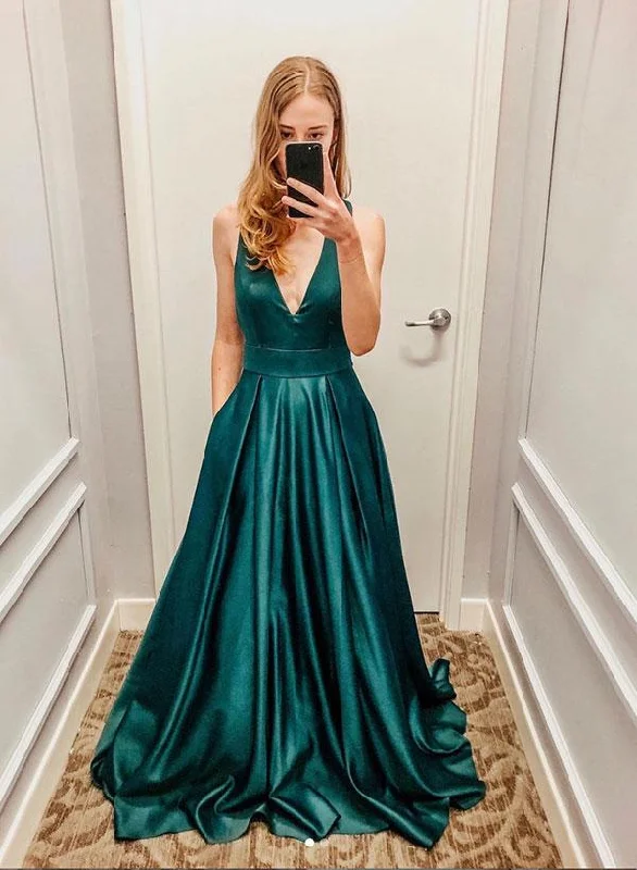 Deep V Neck Open Back Green Satin Long Prom Dresses, V Neck Green Open Back Long Formal Graduation Evening Dresses Deep V Neck Open Back Green Satin Long Prom Dresses, V Neck Green Open Back Long Formal Graduation Evening Dresses