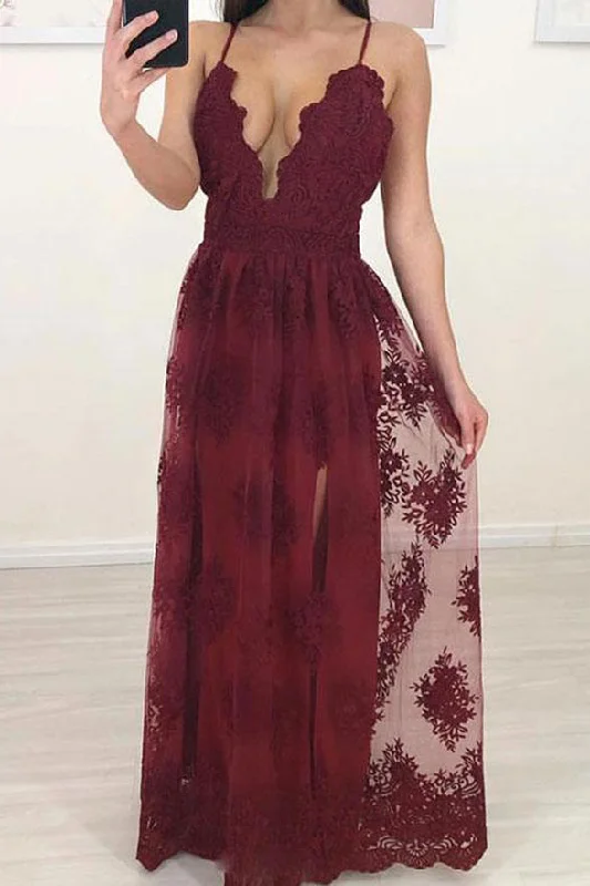 Burgundy Lace Deep V Neck Spaghetti Straps Wedding Prom Dress Formal Dresses