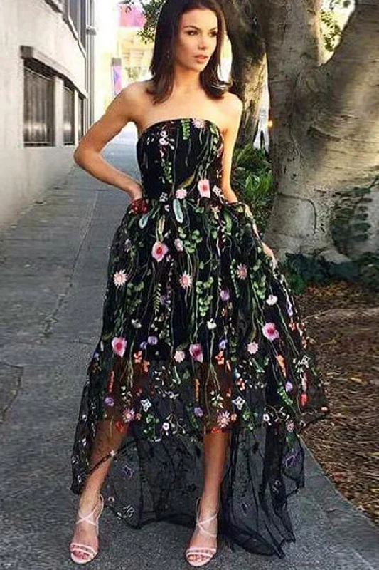 High Low Strapless A Line Black Lace Long Prom Dress Formal Evening Gown Graduation Dresses High Low Strapless A Line Black Lace Long Prom Dress Formal Evening Gown Graduation Dresses