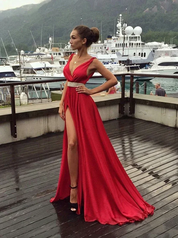 Charming V Neck Deep Red Prom Dresses With High Slit, Charming V Neck Deep Red Long Formal Evening Dresses Charming V Neck Deep Red Prom Dresses With High Slit, Charming V Neck Deep Red Long Formal Evening Dresses