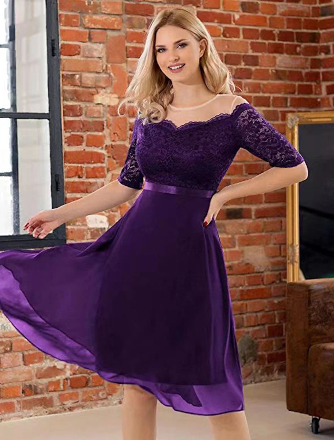 A-Line Cocktail Dresses Vintage Dress Party Wear Knee Length Half Sleeve Jewel Neck Fall Wedding Guest Lace with Pleats A-Line Cocktail Dresses Vintage Dress Party Wear Knee Length Half Sleeve Jewel Neck Fall Wedding Guest Lace with Pleats