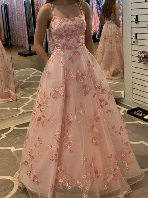 A Line Tulle Pink Lace Long Prom Dresses, A Line Tulle Pink Lace Long Formal Evening Dresses A Line Tulle Pink Lace Long Prom Dresses, A Line Tulle Pink Lace Long Formal Evening Dresses