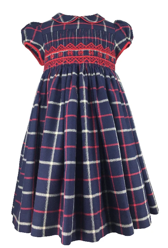 Navy Tartan Red Snowflake First Christmas Baby Smocked Dress