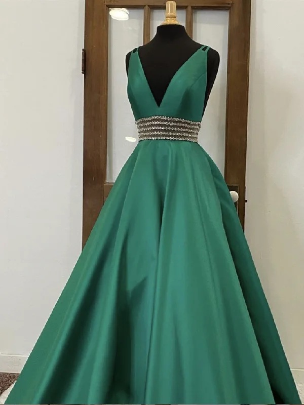 V Neck Emerald Green Satin Long Prom Dresses, Green Beaded Long Formal Evening Dresses V Neck Emerald Green Satin Long Prom Dresses, Green Beaded Long Formal Evening Dresses