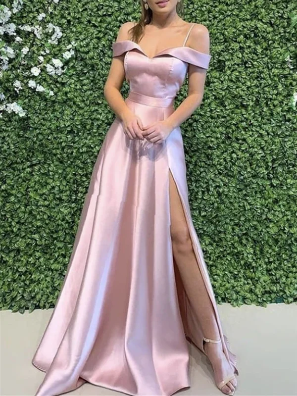 A Line Off Shoulder Pink Satin Long Prom Dresses, A Line Off The Shoulder Satin Long Formal Evening Dresses A Line Off Shoulder Pink Satin Long Prom Dresses, A Line Off The Shoulder Satin Long Formal Evening Dresses