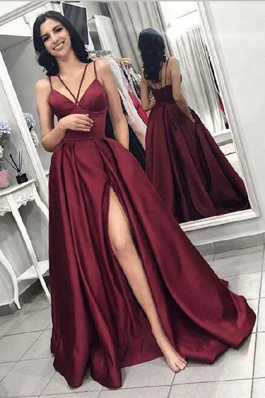 New Burgundy Spaghetti Straps Slit Long Formal Prom Dresses Evening Dress With Pocket New Burgundy Spaghetti Straps Slit Long Formal Prom Dresses Evening Dress With Pocket