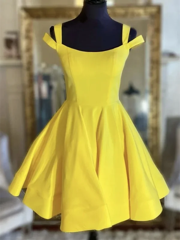Short Yellow Satin Prom Dresses, Yellow Short Satin Homecoming Dresses, Satin Yellow Short Formal Evening Dresses Short Yellow Satin Prom Dresses, Yellow Short Satin Homecoming Dresses, Satin Yellow Short Formal Evening Dresses