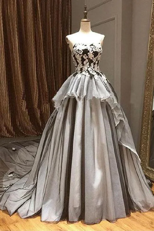 Strapless Black White Ball Gown Lace Appliques Chapel Train Prom Dresses Evening Dress Strapless Black White Ball Gown Lace Appliques Chapel Train Prom Dresses Evening Dress