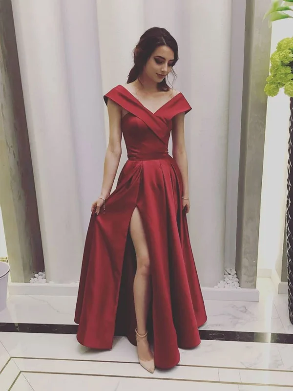 Burgundy Off Shoulder Satin Long Prom Dresses With Leg Slit, Maroon Formal Dresses, Wine Red Off The Shoulder Evening Graduation Dresses Burgundy Off Shoulder Satin Long Prom Dresses With Leg Slit, Maroon Formal Dresses, Wine Red Off The Shoulder Evening Graduation Dresses