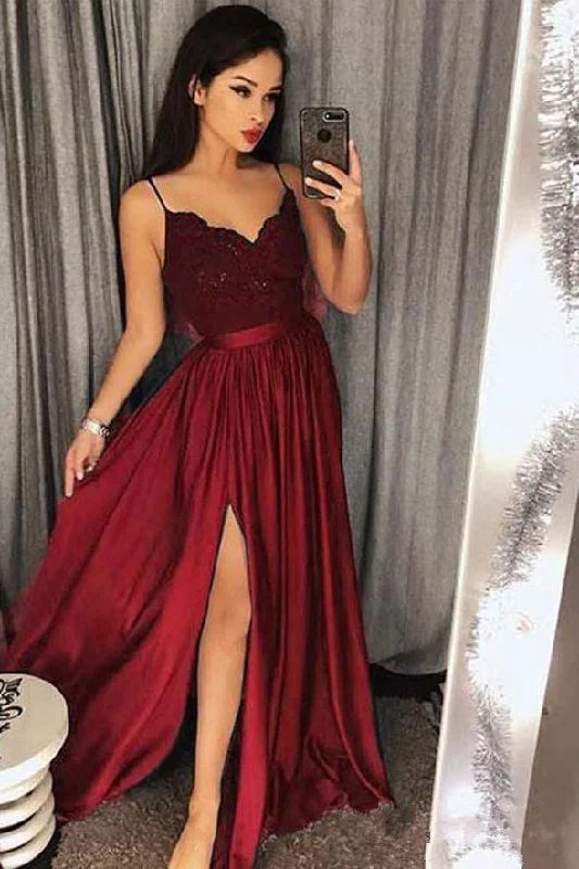 Chic Spaghetti Straps Burgundy Lace Appliques Split Prom Dresses Evening Formal Dress Chic Spaghetti Straps Burgundy Lace Appliques Split Prom Dresses Evening Formal Dress