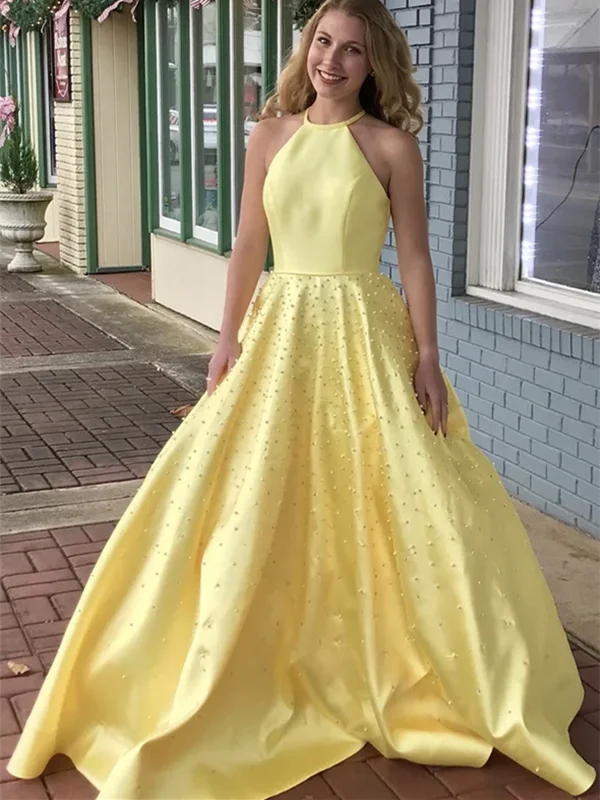 A Line Yellow Satin Long Prom Dresses, A Line Yellow Satin Long  Formal Evening Dresses