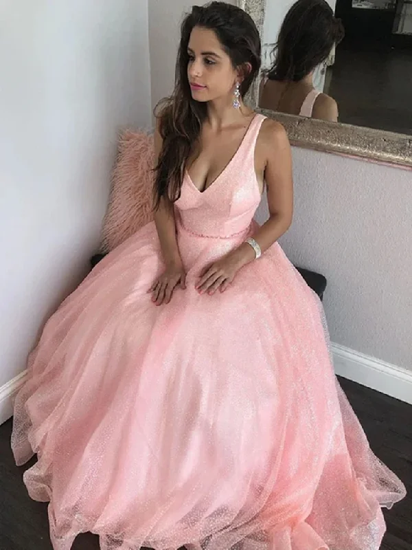 Shiny Sequin V Neck Pink Long Prom Dresses, Sparkly Pink Tulle Formal Evening Dresses Shiny Sequin V Neck Pink Long Prom Dresses, Sparkly Pink Tulle Formal Evening Dresses