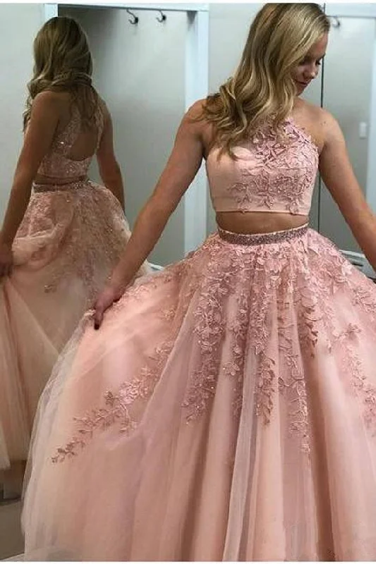 Two Piece High Neck Lace Applique Backless Blush Pink Long Formal Prom Dresses Evening Dress Two Piece High Neck Lace Applique Backless Blush Pink Long Formal Prom Dresses Evening Dress
