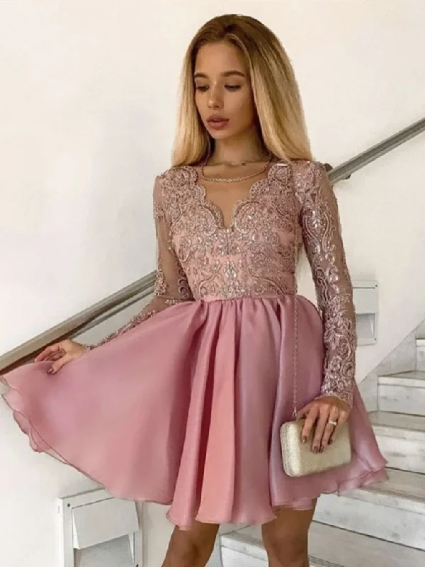 V Neck Long Sleeves Pink Lace Short Prom Dresses, Short Pink Lace Formal Evening Homecoming Dresses V Neck Long Sleeves Pink Lace Short Prom Dresses, Short Pink Lace Formal Evening Homecoming Dresses