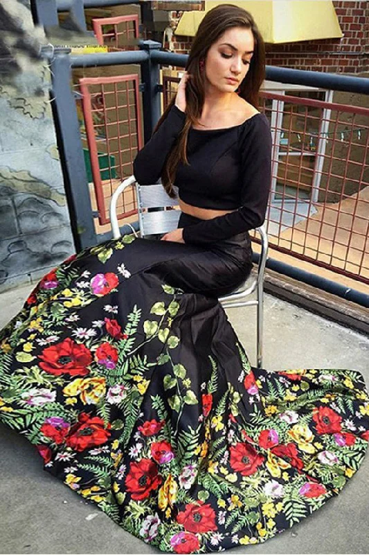 Sexy Two Piece Long Sleeves Black Off the Shoulder Mermaid Printed Prom Dresses Evening Dress Sexy Two Piece Long Sleeves Black Off the Shoulder Mermaid Printed Prom Dresses Evening Dress