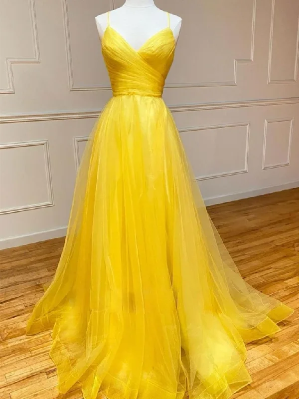 Simple V Neck Backless Yellow Tulle Long Prom Dresses, V Neck Open Back Yellow Long Formal Evening Dresses Simple V Neck Backless Yellow Tulle Long Prom Dresses, V Neck Open Back Yellow Long Formal Evening Dresses