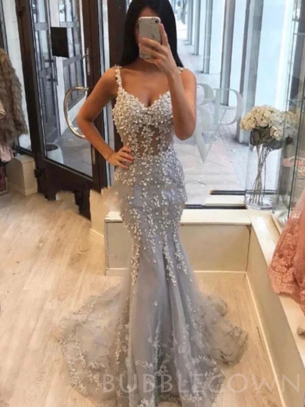 Mermaid Grey Tulle Appliques Spaghetti Straps Lace Long Evening Prom Dresses, MR7996 Mermaid Grey Tulle Appliques Spaghetti Straps Lace Long Evening Prom Dresses, MR7996