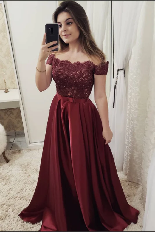Off the Shoulder Burgundy Short Sleeves Lace Fancy Prom Dresses Formal Evening Dress Off the Shoulder Burgundy Short Sleeves Lace Fancy Prom Dresses Formal Evening Dress
