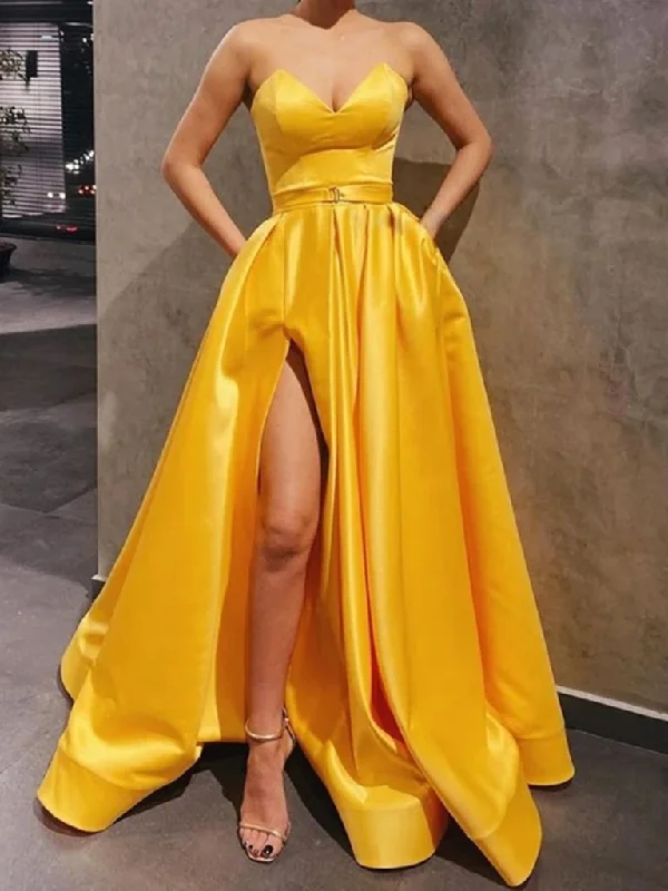 Sweetheart Neck Yellow Satin Long Prom Dresses With High Leg Slit, Yellow Satin Long Formal Evening Graduation Dresses