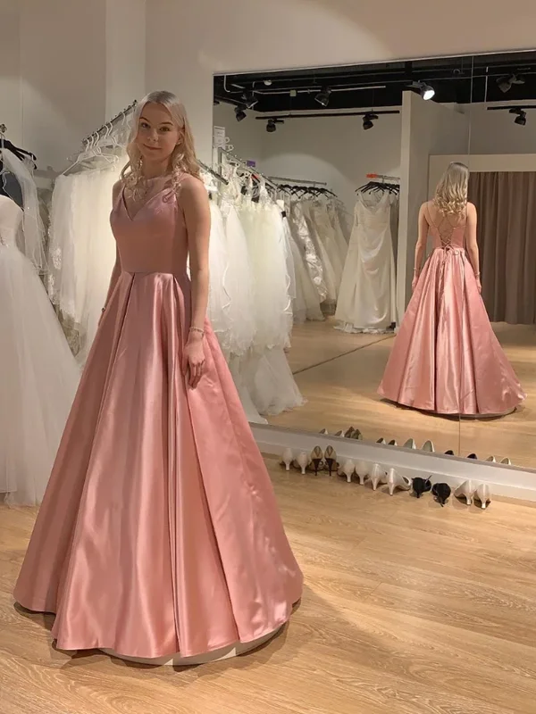 V Neck Princess Pink Satin Long Prom Dresses, V Neck Pink Formal Graduation Evening Dresses V Neck Princess Pink Satin Long Prom Dresses, V Neck Pink Formal Graduation Evening Dresses