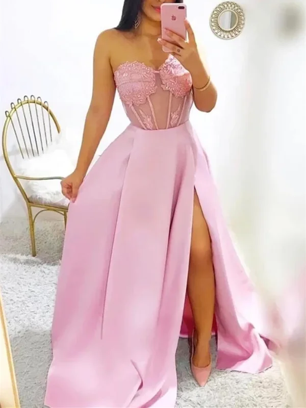 Modest A Line Sweetheart Neck Pink Prom Dresses With Leg Split, Pink Long Formal Evening Dresses Modest A Line Sweetheart Neck Pink Prom Dresses With Leg Split, Pink Long Formal Evening Dresses