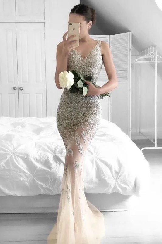 2024 Sexy Prom Dresses Mermaid V Neck Tulle With Beading Zipper PMR7XQ9G