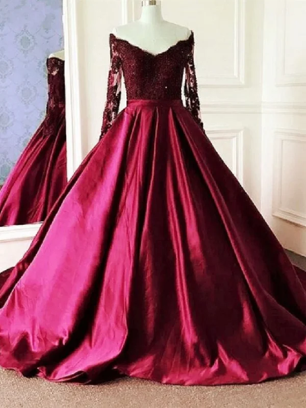 V Neck Long Sleeves Burgundy Lace Prom Gowns, Long Sleeves Wine Red Lace Formal Evening Dresses V Neck Long Sleeves Burgundy Lace Prom Gowns, Long Sleeves Wine Red Lace Formal Evening Dresses