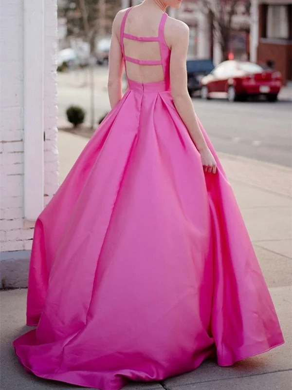 A Line Hot Pink Backless Long Prom Dresses, V Neck Hot Pink Long Formal Evening Graduation Dresses A Line Hot Pink Backless Long Prom Dresses, V Neck Hot Pink Long Formal Evening Graduation Dresses