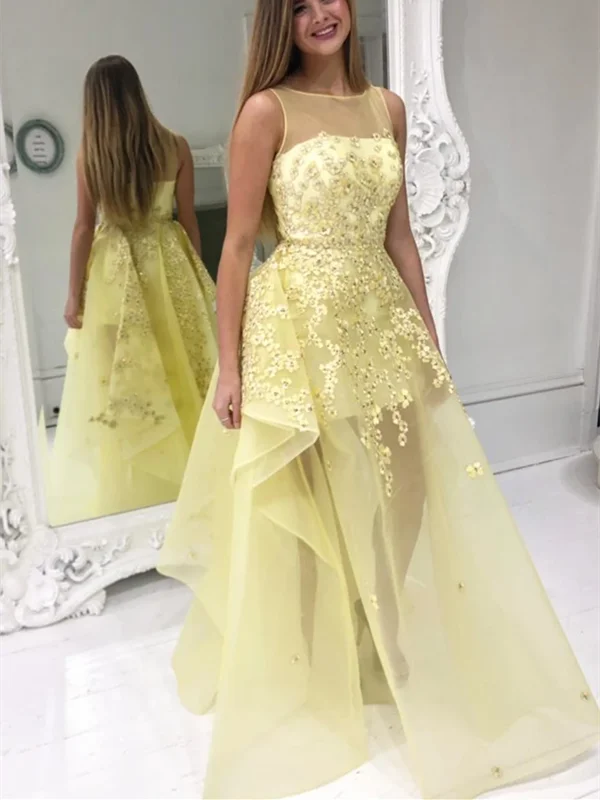 High Low Round Neck Yellow Floral Lace Long Prom Dresses, Yellow Lace Formal Evening Dresses High Low Round Neck Yellow Floral Lace Long Prom Dresses, Yellow Lace Formal Evening Dresses