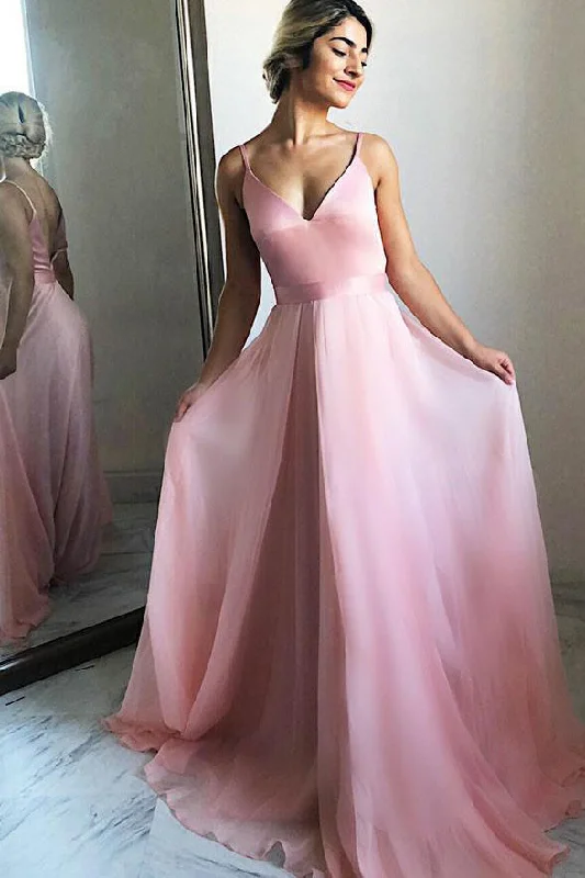 A Line V Neck Pink Spaghetti Straps Simple Long Prom Dresses Evening Formal Dress