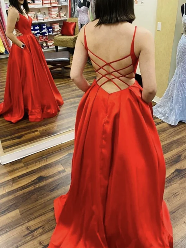 A Line V Neck Backless Red Long Prom Dresses, Open Back Red Satin Long Formal Evening Dresses A Line V Neck Backless Red Long Prom Dresses, Open Back Red Satin Long Formal Evening Dresses